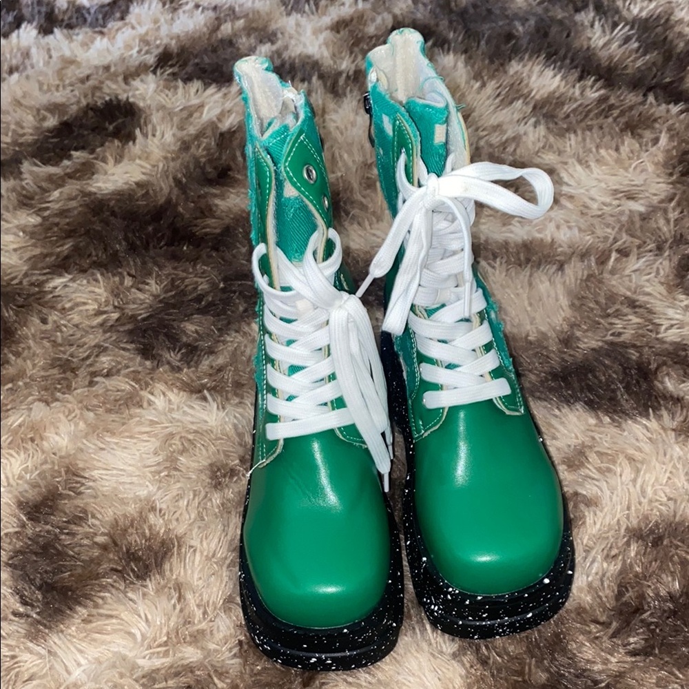 Green Platform Combat Boots with White Laces